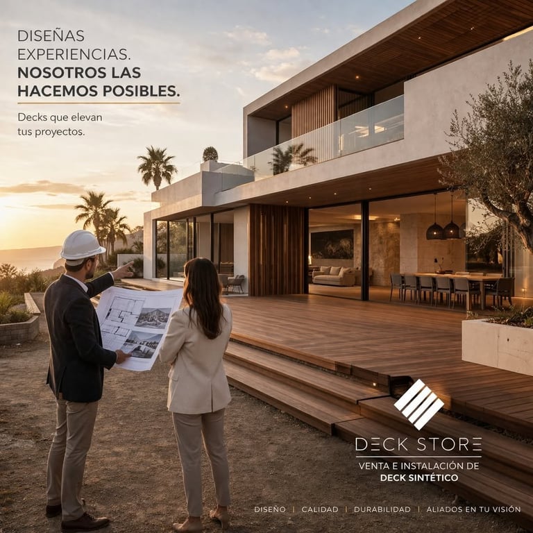 Two professionals reviewing construction plans in front of a modern residential home with wooden deck at sunset