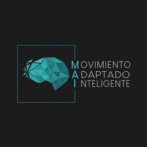Geometric turquoise brain logo with MAI text meaning Intelligent Adaptive Movement on dark background