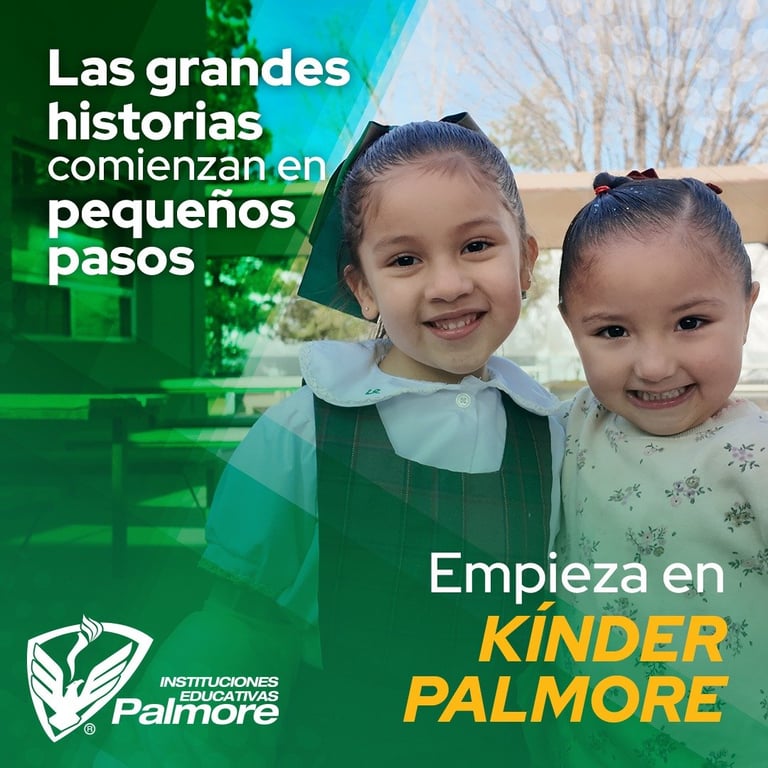 Two young girls smiling at camera with Spanish text promoting Kinder Palmore educational institution with green overlay design