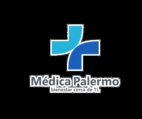 Médica Palermo logo featuring a stylized medical cross in blue shades with tagline bienestar cerca de ti