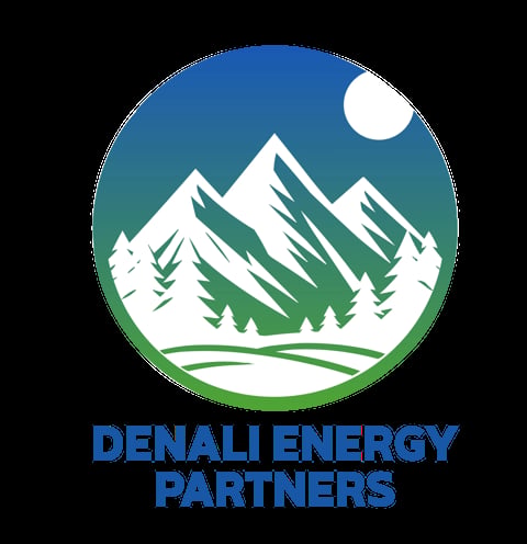 Denali Energy Partners logo featuring a circular badge with snowy mountains, evergreen trees, moon, and winding path under a gradient blue sky
