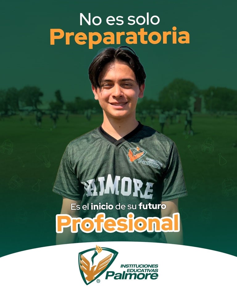 Young male student in Palmore school uniform smiling with text No es solo Preparatoria, Es el inicio de su futuro Profesional on green background