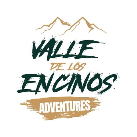Valle de los Encinos Adventures logo with mountain illustration and text in green and tan colors